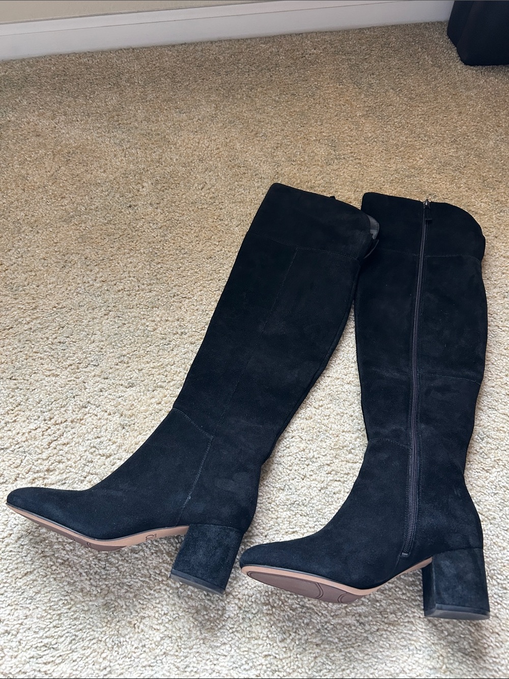 Franco Sarto black, suede, leather, black heel tall retro knee-high boots 9